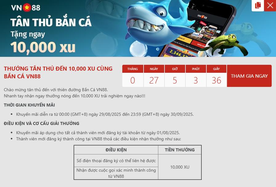 Chi tiết nội dung chương trình Thưởng tân thủ tại Bắn cá VN88