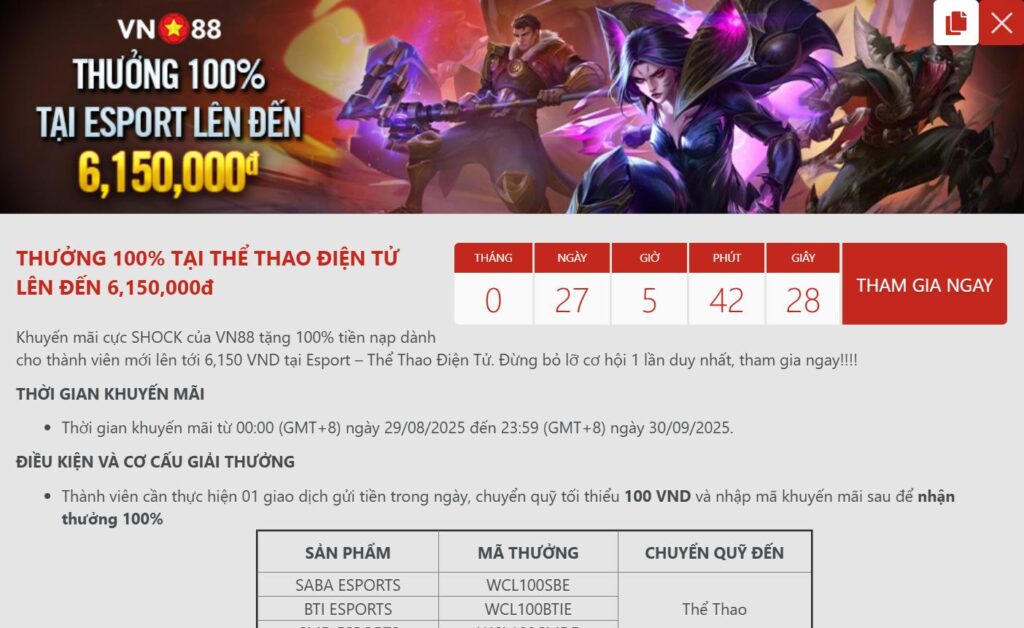 Chi tiết ưu đãi thưởng 100% tại thể thao điện tử VN88